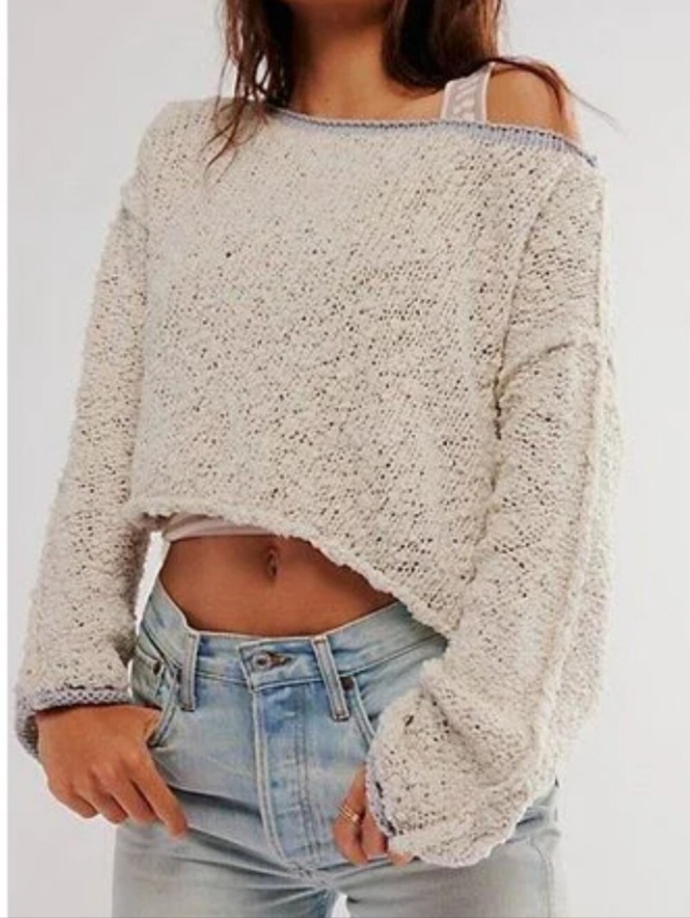 Free People Ivory Off-Shoulder Cropped Sweater with Gray Trim - medium